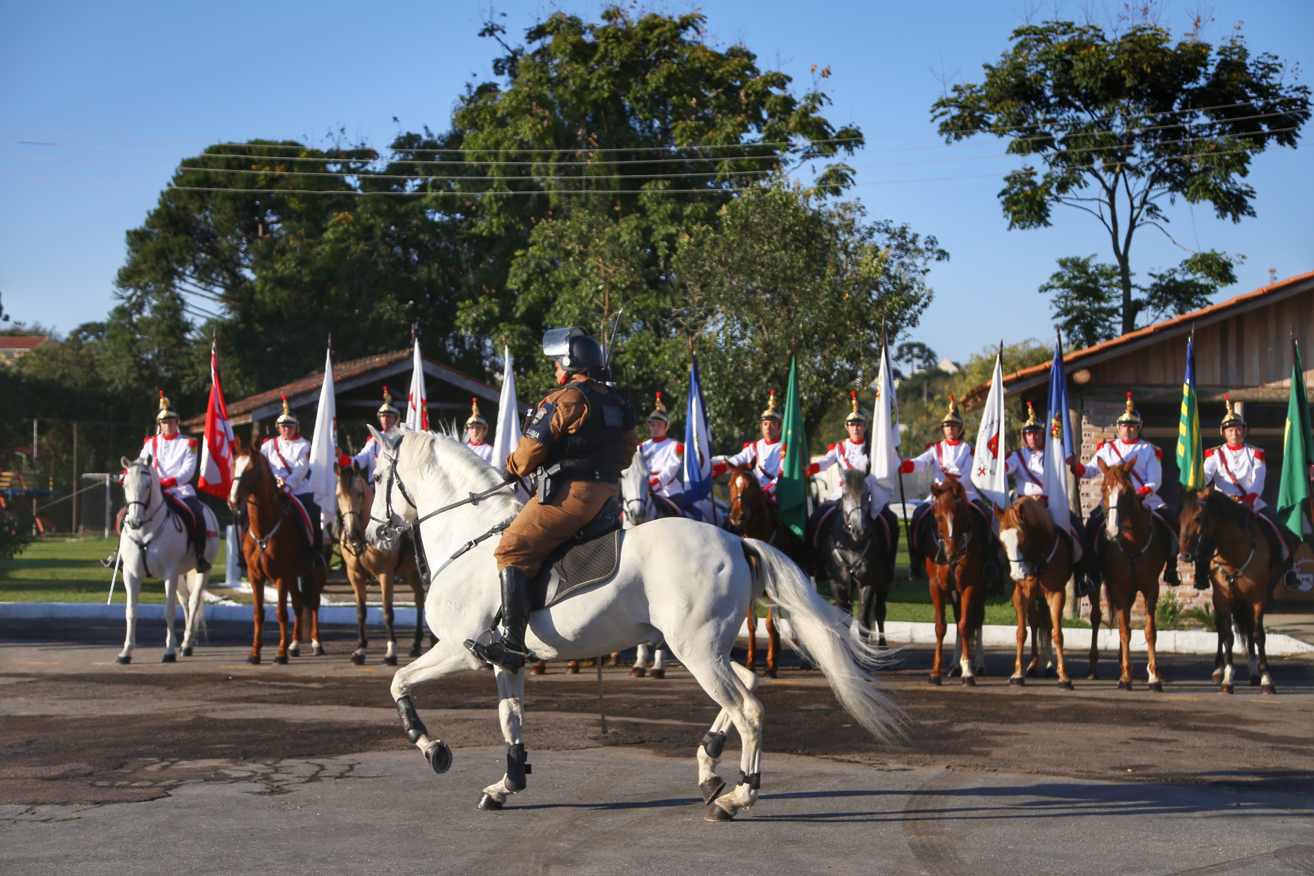 O governador Carlos Massa Ratinho Junior e o presidente em exercício Hamilton Mourão receberam nesta sexta-feira (28) a medalha Heróis da Cavalaria, da Polícia Montada Coronel Dulcídio. A condecoração foi entregue na cerimônia, em Curitiba, que comemora os 140 anos do regimento, que é a unidade mais antiga da Polícia Militar do Paraná. - Curitiba, 28/06/2019 - Foto: José Fernando Ogura/ANPr