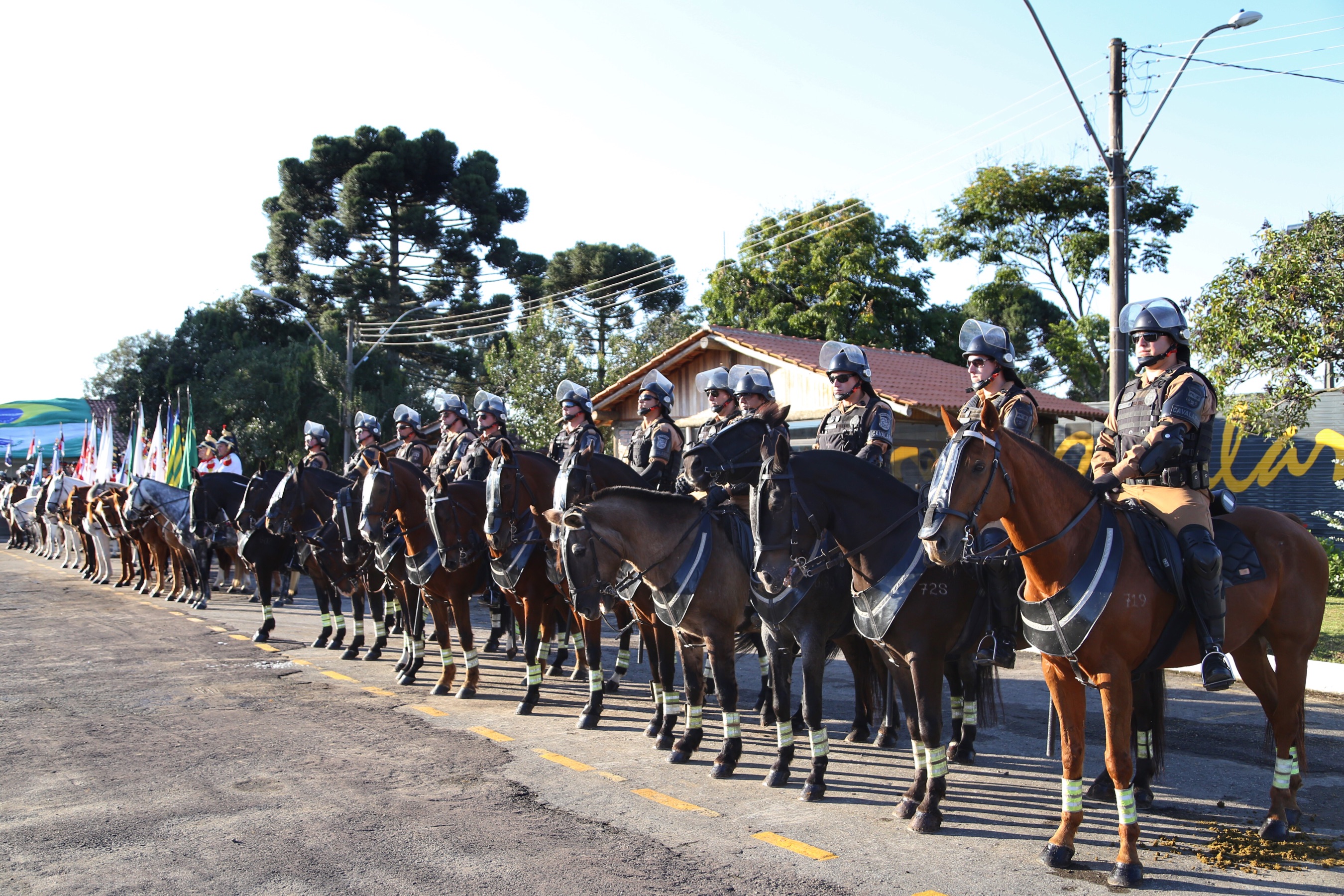 O governador Carlos Massa Ratinho Junior e o presidente em exercício Hamilton Mourão receberam nesta sexta-feira (28) a medalha Heróis da Cavalaria, da Polícia Montada Coronel Dulcídio. A condecoração foi entregue na cerimônia, em Curitiba, que comemora os 140 anos do regimento, que é a unidade mais antiga da Polícia Militar do Paraná. - Curitiba, 28/06/2019 - Foto: José Fernando Ogura/ANPr