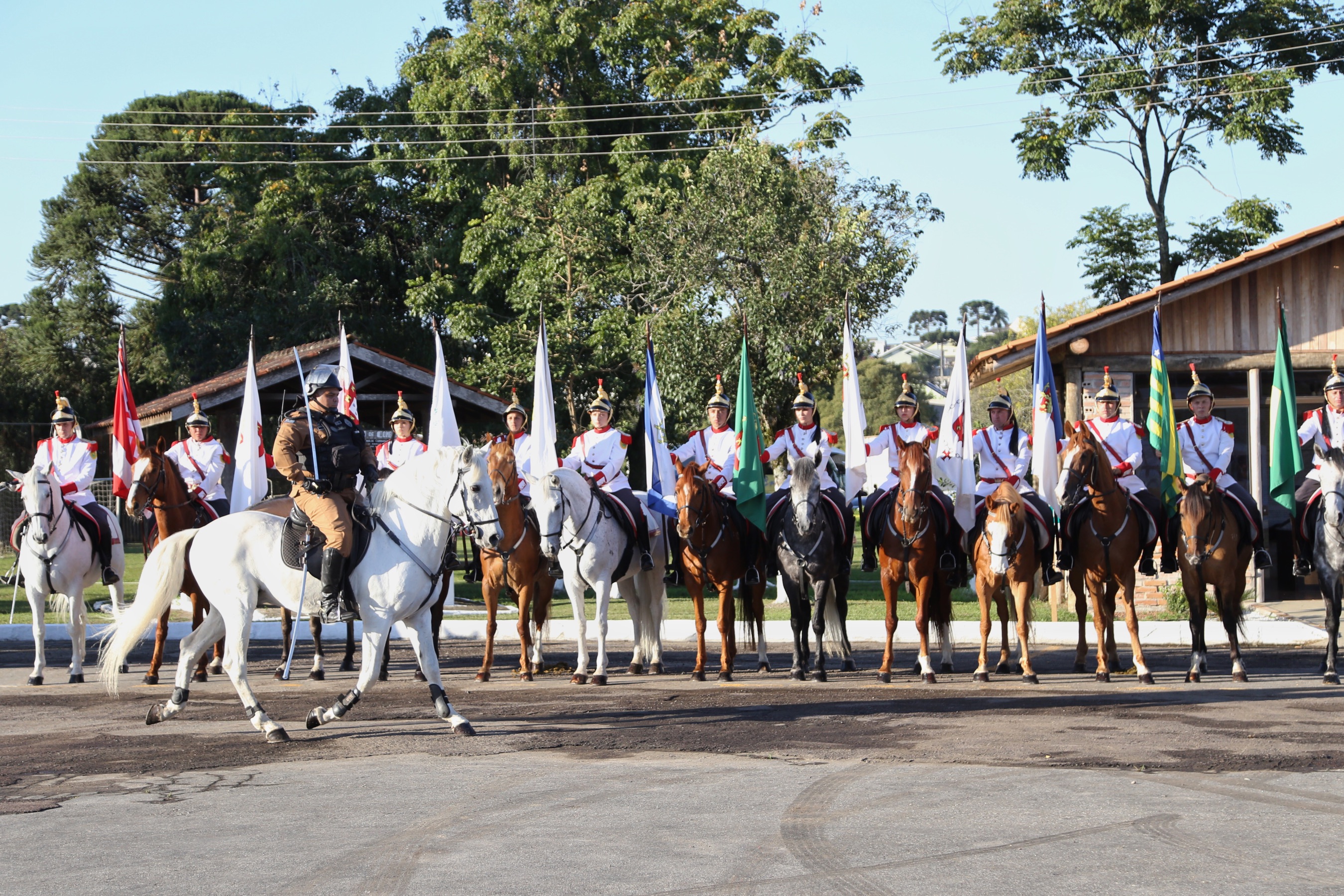 O governador Carlos Massa Ratinho Junior e o presidente em exercício Hamilton Mourão receberam nesta sexta-feira (28) a medalha Heróis da Cavalaria, da Polícia Montada Coronel Dulcídio. A condecoração foi entregue na cerimônia, em Curitiba, que comemora os 140 anos do regimento, que é a unidade mais antiga da Polícia Militar do Paraná. - Curitiba, 28/06/2019 - Foto: José Fernando Ogura/ANPr