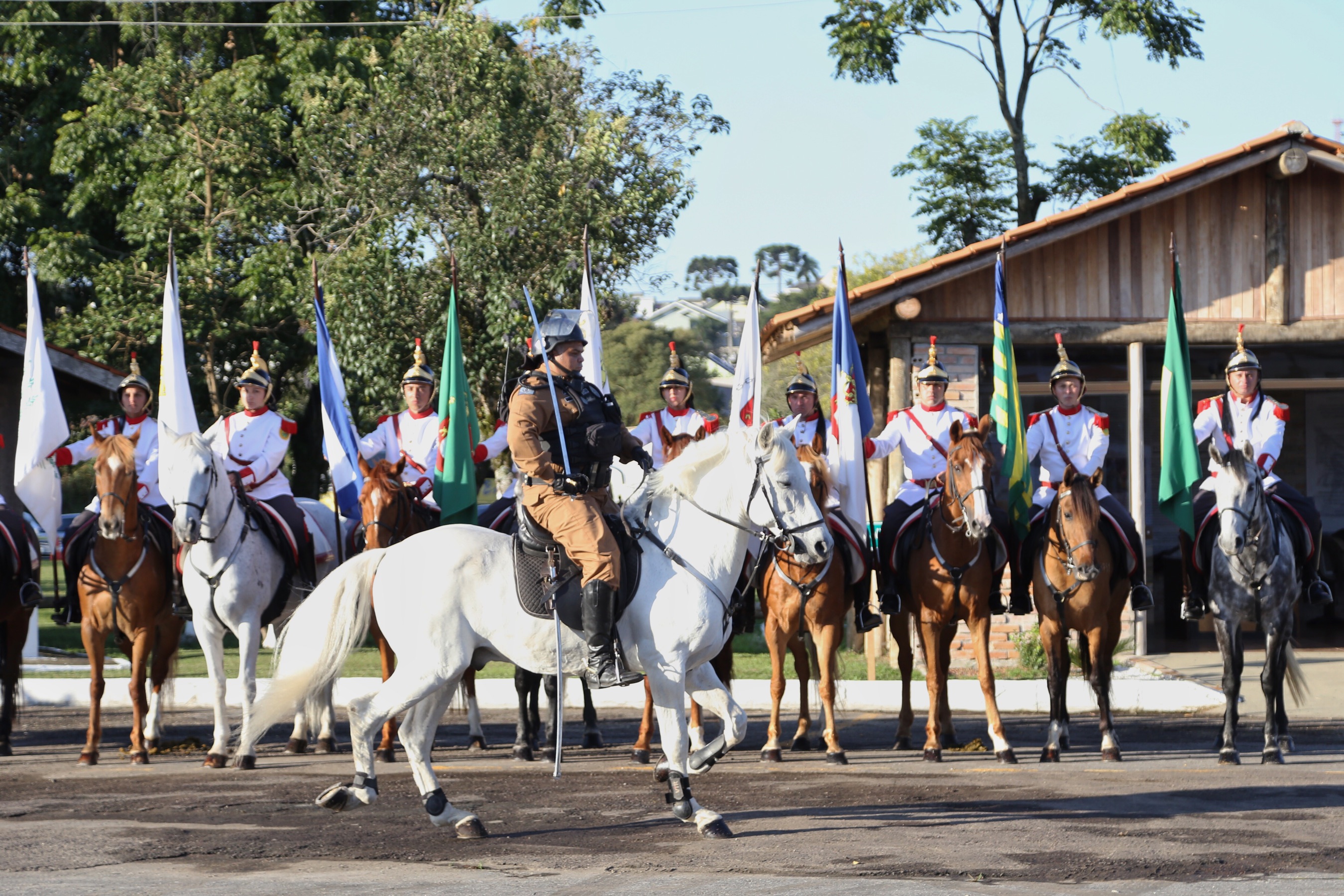 O governador Carlos Massa Ratinho Junior e o presidente em exercício Hamilton Mourão receberam nesta sexta-feira (28) a medalha Heróis da Cavalaria, da Polícia Montada Coronel Dulcídio. A condecoração foi entregue na cerimônia, em Curitiba, que comemora os 140 anos do regimento, que é a unidade mais antiga da Polícia Militar do Paraná. - Curitiba, 28/06/2019 - Foto: José Fernando Ogura/ANPr