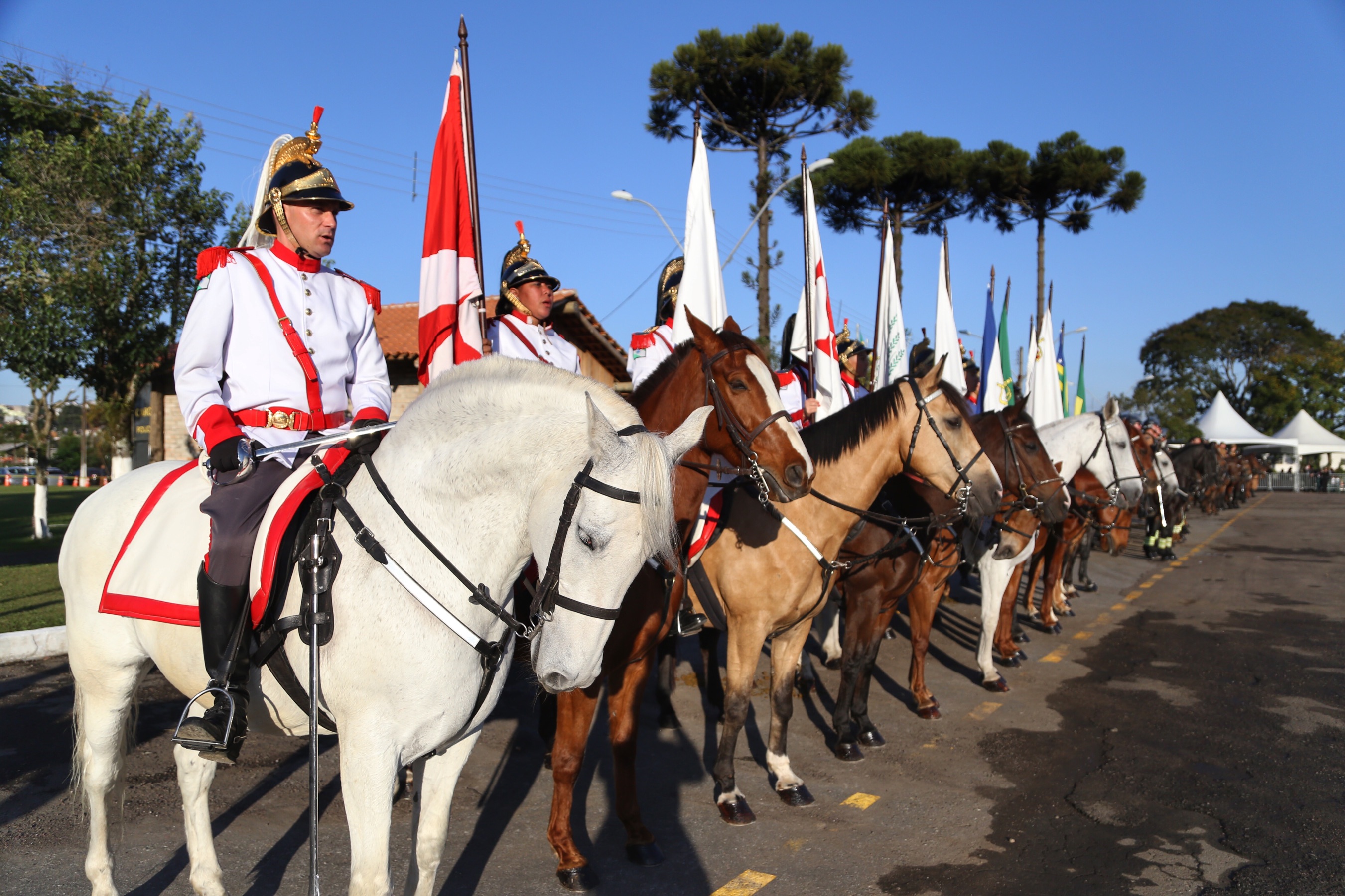 O governador Carlos Massa Ratinho Junior e o presidente em exercício Hamilton Mourão receberam nesta sexta-feira (28) a medalha Heróis da Cavalaria, da Polícia Montada Coronel Dulcídio. A condecoração foi entregue na cerimônia, em Curitiba, que comemora os 140 anos do regimento, que é a unidade mais antiga da Polícia Militar do Paraná. - Curitiba, 28/06/2019 - Foto: José Fernando Ogura/ANPr