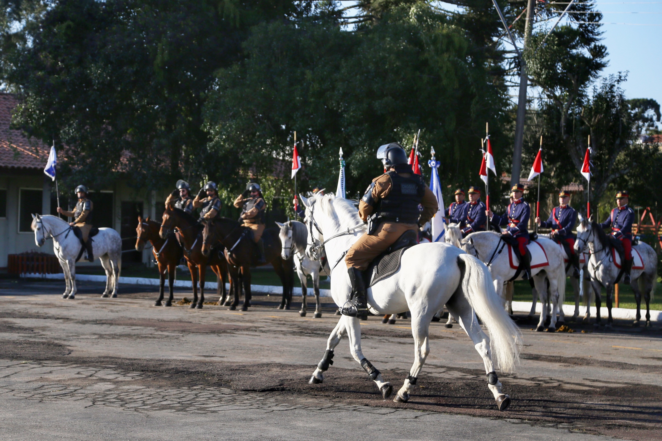 O governador Carlos Massa Ratinho Junior e o presidente em exercício Hamilton Mourão receberam nesta sexta-feira (28) a medalha Heróis da Cavalaria, da Polícia Montada Coronel Dulcídio. A condecoração foi entregue na cerimônia, em Curitiba, que comemora os 140 anos do regimento, que é a unidade mais antiga da Polícia Militar do Paraná. - Curitiba, 28/06/2019 - Foto: José Fernando Ogura/ANPr