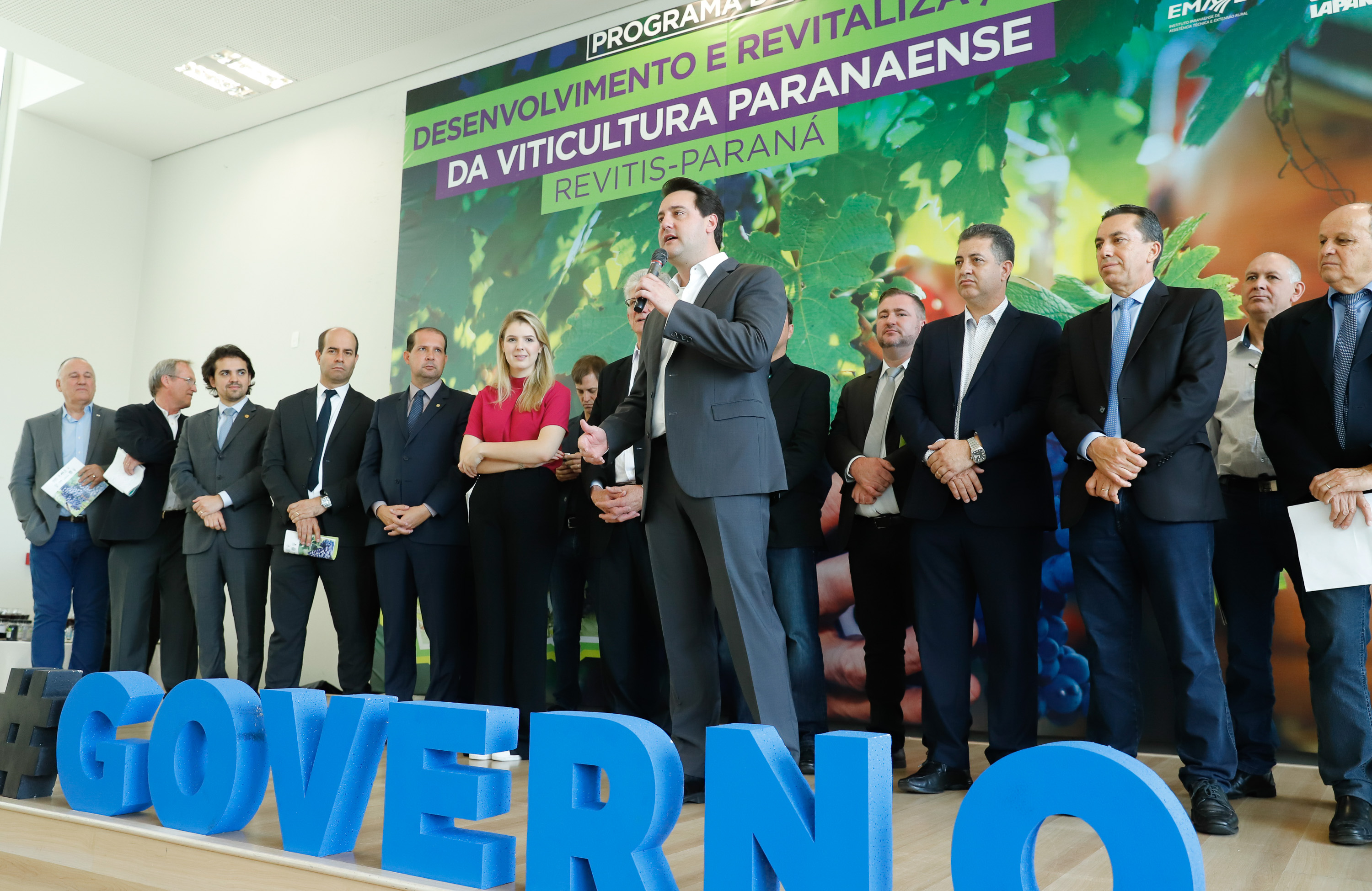 O governador Carlos Massa Ratinho Junior lançou nesta terça-feira (26), no Palácio Iguaçu, o programa Revitis, destinado a estimular a produção de uvas no Paraná. Iniciativa inédita no Estado, o programa está apoiado em quatro eixos: incentivo para a produção, reorganização da comercialização, desenvolvimento do turismo e apoio à agroindústria.