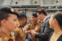 Curitiba, 12 de setembro de 2023 - O governador Carlos Massa Ratinho Jr. participa da formatura de soldados da Polícia Militar do Paraná na Ligga Arena.