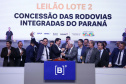 A disputa do Lote 2 do novo pacote de concessões rodoviárias do Paraná aconteceu na sede da B3, a Bolsa de Valores, em São Paulo, com a participação do governador Carlos Massa Ratinho Junior e do ministro dos Transportes, Renan Filho.