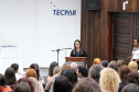 Primeira diretora do Tecpar, Danielle Portela, da Diretoria Comercial, fala às colaboradoras, ao lado do diretor de Administração e Finanças, Arnaldo da Fonseca; do diretor da Indústria e Inovação do Tecpar, Rafael Rodrigues; e do diretor-presidente do Tecpar, professor Fabio Cammarota  -  Curitiba, 08/03/2019  -  Foto: Divulgação Tecpar