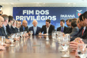 A Proposta de Emenda à Constituição (PEC) que põe fim à aposentadoria vitalícia de governadores, enviada no início do ano à Assembleia Legislativa pelo governador Carlos Massa Ratinho Junior, foi promulgada nesta quarta-feira (29), em solenidade no Palácio Iguaçu.  -  Curitiba, 29/05/2019  -  Foto: Rodrigo Félix Leal/ANPr