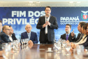 A Proposta de Emenda à Constituição (PEC) que põe fim à aposentadoria vitalícia de governadores, enviada no início do ano à Assembleia Legislativa pelo governador Carlos Massa Ratinho Junior, foi promulgada nesta quarta-feira (29), em solenidade no Palácio Iguaçu.  -  Curitiba, 29/05/2019  -  Foto: Rodrigo Félix Leal/ANPr