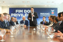 A Proposta de Emenda à Constituição (PEC) que põe fim à aposentadoria vitalícia de governadores, enviada no início do ano à Assembleia Legislativa pelo governador Carlos Massa Ratinho Junior, foi promulgada nesta quarta-feira (29), em solenidade no Palácio Iguaçu.  -  Curitiba, 29/05/2019  -  Foto: Rodrigo Félix Leal/ANPr