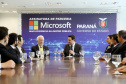 O Governo do Estado e a Microsoft Brasil firmaram nesta quarta-feira (14), protocolo de intenções para colaboração mútua em ações nas áreas da educação, qualificação, inovação e empreendedorismo. O documento foi assinado pelo governador Carlos Massa Ratinho Junior e a presidente da Microsoft Brasil, Tânia Conte Cosentino.