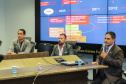 Coletiva de imprensa do secretário da Segurança Pública, coronel Rômulo Marinho Soares, acompanhado do Delegado Geral Adjunto Riad Braga Farhat  e do delegado Marcos Fernando da Silva Fontes, sobre a integração da base de dados entre Paraná, São Paulo e Brasília que permitiu a identificação de uma pessoa suspeita da morte da menina Raquel Genofre,  nesta quinta-feira (19). Curitiba, 19/04/2019 - Foto: Geraldo Bubniak/AEN