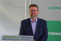 O Governador Carlos Massa Ratinho Junior em pronunciamento nesta sexta-feira (27/03),  para anunciar medidas econômicas que o Governo do Estado adota para estimular a atividade produtiva e reduzir os impactos causados pela pandemia do novo coronavírus na economia. Na foto, o diretor-administrativo da Agência Paraná do BRDE, Wilson Bley Lipski.  Curitiba, 27/03/2020 - Foto: Geraldo Bubniak/AEN