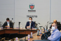 O Governador Carlos Massa Ratinho Junior em videoconferencia nesta quiinta-feira (21/05),  com o Presidente Jair Bolsonaro, Presidente da Câmara dos  Rodrigo Maia, Presidente do Senado Federal  Davi Alcolumbre e governadores dos demais estados.  Curitiba, 21/05/2020 - Foto: Geraldo Bubniak/AEN
