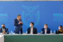 O governador Carlos Massa Ratinho Junior, o presidente do Tribunal de Justiça do Paraná, desembargador Adalberto Xisto Pereira, e o segundo vice-presidente, desembargador José Laurindo de Souza Netto formalizaram nesta quinta-feira (3) a criação do Cejus Casa Fácil e do Cejusc Fundiário, que vão atuar na mediação e conciliação de conflitos no Estado.foto Gilson Abreu/Aen