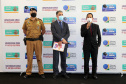 Curitiba, 13 de novembro de 2020.  Polícia Militar participa de coletiva de imprensa no TRE. Foto: Coronel Péricles de Matos, Comandante-Geral da PMPR, Desembargador Tito Campos de Paula, Presedente do TRE-PR, e Coronel Romulo Marinho Soares, Secretário de Estado da Segurança Pública.