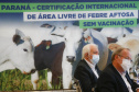 “Esse é o maior anúncio para o agronegócio paranaense nos últimos 50 anos”. Esse é o sentimento do governador Carlos Massa Ratinho Junior ao comemorar o novo status de área livre de febre aftosa sem vacinação, concedido pela Organização Mundial da Saúde Animal (OIE) nesta quinta-feira (27). Foto: Jonathan Campos/AEN