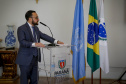 Governador Carlos Massa Ratinho Junior, durante cerimônia de posse do advogado paranaense Tracy Reinaldet, como representante brasileiro no Comitê Permanente da América Latina para a Prevenção do Crime (COPLAD), da ONU. - Curitiba, 17/08/2021 - Foto Gilson Abreu/AEN