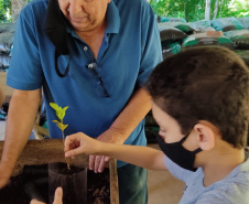 O Viveiro Florestal do Instituto Água e Terra (IAT) em Jacarezinho, no Norte Pioneiro do Estado, voltou a recepcionar estudantes pelo projeto de educação ambiental, nesta terça-feira (23). Ao todo, 34 alunos dos 4º e 5º anos do ensino fundamental da Escola Municipal Professora Ruth Pimentel Rocha tiveram a experiência de um dia no campo com atividades diferenciadas. - Jacarezinho, 23/11/2021 - Foto: IAT