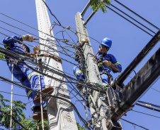 Com trabalho intenso durante a noite, Copel religa quase 90% das unidades afetadas pelo temporal - Na  foto,  trabalhos na área central dae Maringá: avenidas Mandacaru, XV de Novembro, Colombo e Rua Piratininga - Curitiba, 24/04/2022