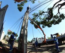 Com trabalho intenso durante a noite, Copel religa quase 90% das unidades afetadas pelo temporal - Na  foto,  trabalhos na área central dae Maringá: avenidas Mandacaru, XV de Novembro, Colombo e Rua Piratininga - Curitiba, 24/04/2022