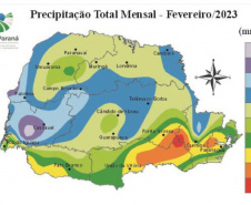 Precipitação (mm) registrada em fevereiro de 2023 no Paraná. Fonte: IDR-Paraná e Simepar.