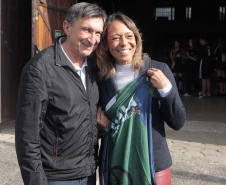 Flávia Arantes do Nascimento, que é uma das filhas de Pelé, visitou nesta sexta-feira (12) as obras de construção das pistas de skate anexas ao Ginásio do Tarumã, em Curitiba.