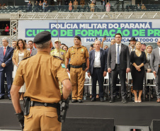 Curitiba, 12 de setembro de 2023 - O governador Carlos Massa Ratinho Jr. participa da formatura de soldados da Polícia Militar do Paraná na Ligga Arena.