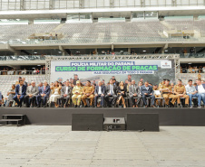 Curitiba, 12 de setembro de 2023 - O governador Carlos Massa Ratinho Jr. participa da formatura de soldados da Polícia Militar do Paraná na Ligga Arena.