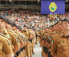 Curitiba, 12 de setembro de 2023 - O governador Carlos Massa Ratinho Jr. participa da formatura de soldados da Polícia Militar do Paraná na Ligga Arena.