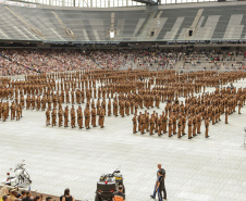 Curitiba, 12 de setembro de 2023 - O governador Carlos Massa Ratinho Jr. participa da formatura de soldados da Polícia Militar do Paraná na Ligga Arena.