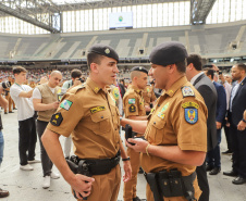 Curitiba, 12 de setembro de 2023 - O governador Carlos Massa Ratinho Jr. participa da formatura de soldados da Polícia Militar do Paraná na Ligga Arena.