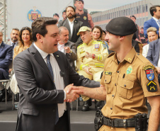 Curitiba, 12 de setembro de 2023 - O governador Carlos Massa Ratinho Jr. participa da formatura de soldados da Polícia Militar do Paraná na Ligga Arena.