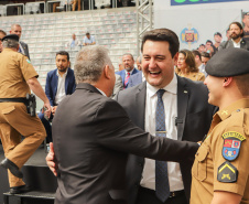 Curitiba, 12 de setembro de 2023 - O governador Carlos Massa Ratinho Jr. participa da formatura de soldados da Polícia Militar do Paraná na Ligga Arena.