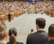 Curitiba, 12 de setembro de 2023 - O governador Carlos Massa Ratinho Jr. participa da formatura de soldados da Polícia Militar do Paraná na Ligga Arena.