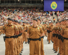 Curitiba, 12 de setembro de 2023 - O governador Carlos Massa Ratinho Jr. participa da formatura de soldados da Polícia Militar do Paraná na Ligga Arena.