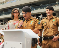 Curitiba, 12 de setembro de 2023 - O governador Carlos Massa Ratinho Jr. participa da formatura de soldados da Polícia Militar do Paraná na Ligga Arena.