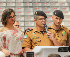 Curitiba, 12 de setembro de 2023 - O governador Carlos Massa Ratinho Jr. participa da formatura de soldados da Polícia Militar do Paraná na Ligga Arena.