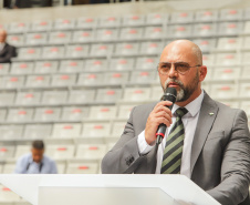 Curitiba, 12 de setembro de 2023 - O governador Carlos Massa Ratinho Jr. participa da formatura de soldados da Polícia Militar do Paraná na Ligga Arena.