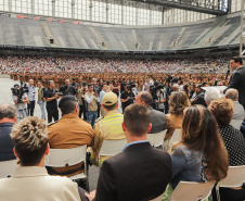 Curitiba, 12 de setembro de 2023 - O governador Carlos Massa Ratinho Jr. participa da formatura de soldados da Polícia Militar do Paraná na Ligga Arena.