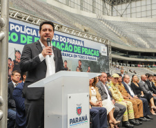 Curitiba, 12 de setembro de 2023 - O governador Carlos Massa Ratinho Jr. participa da formatura de soldados da Polícia Militar do Paraná na Ligga Arena.