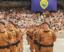 Curitiba, 12 de setembro de 2023 - O governador Carlos Massa Ratinho Jr. participa da formatura de soldados da Polícia Militar do Paraná na Ligga Arena.