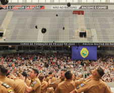 Curitiba, 12 de setembro de 2023 - O governador Carlos Massa Ratinho Jr. participa da formatura de soldados da Polícia Militar do Paraná na Ligga Arena.