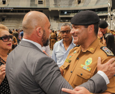 Curitiba, 12 de setembro de 2023 - O governador Carlos Massa Ratinho Jr. participa da formatura de soldados da Polícia Militar do Paraná na Ligga Arena.