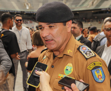 Curitiba, 12 de setembro de 2023 - O governador Carlos Massa Ratinho Jr. participa da formatura de soldados da Polícia Militar do Paraná na Ligga Arena.