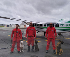 Bombeiros e cães do Paraná embarcaram neste sábado para ajudar o Rio Grande do Sul