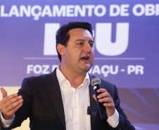 O governador Carlos Massa Ratinho Junior participou nesta terça-feira (19) do evento de início das obras de ampliação do Aeroporto Internacional de Foz do Iguaçu – Cataratas, no Oeste