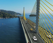 Com base das torres do trecho estaiado concluída, obra da Ponte de Guaratuba chega a 44%