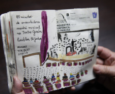 Fã da Orquestra Sinfônica do Paraná e de Beatles, artista ilustra concertos há mais de uma década