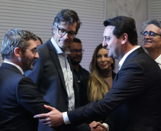 O governador Carlos Massa Ratinho Junior em reunião com delegação da União Europeia.