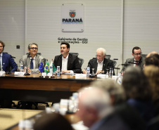 O governador Carlos Massa Ratinho Junior em reunião com delegação da União Europeia.